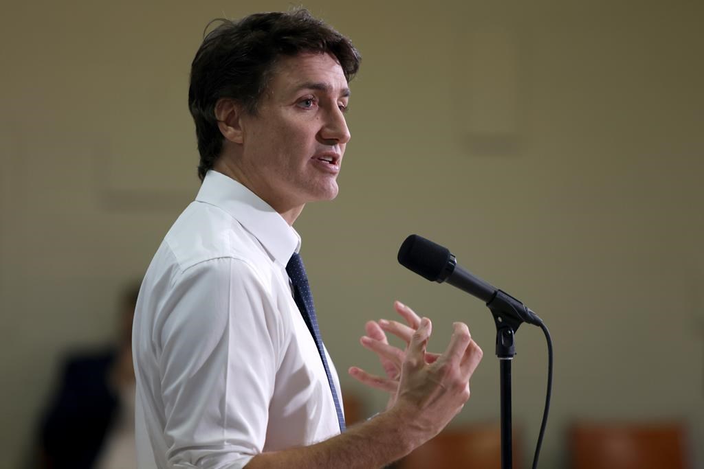 Prime Minister Justin Trudeau visits UNIFOR Local 200 and Local 444 members in Windsor, Ont., Thursday, March 14, 2024.