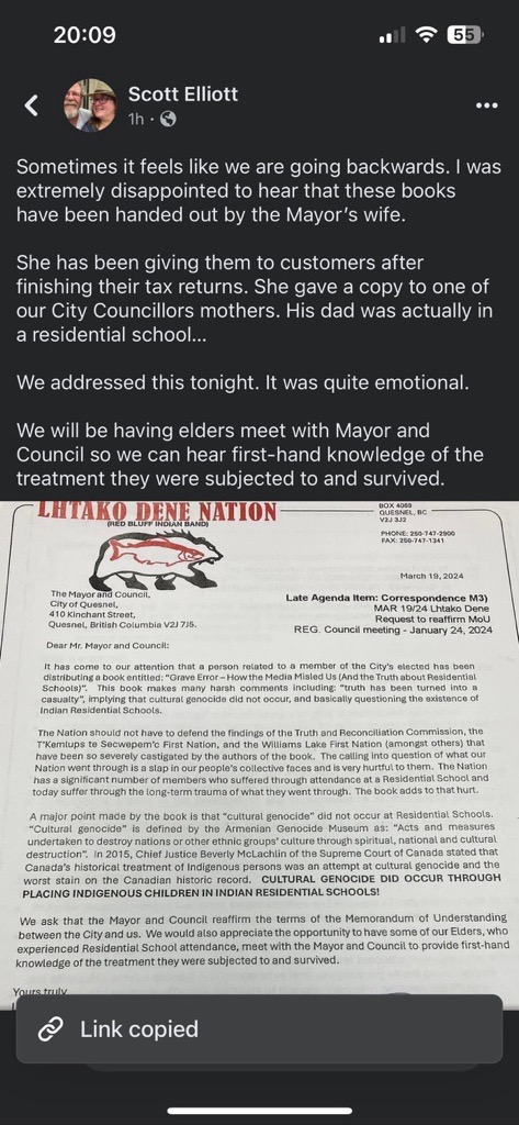 A letter penned to the mayor and council by the Lhtako Dene Nation Tuesday says the book questions the existence of Residential Schools and is a slap in the face to the people of their Nation. (Supplied)