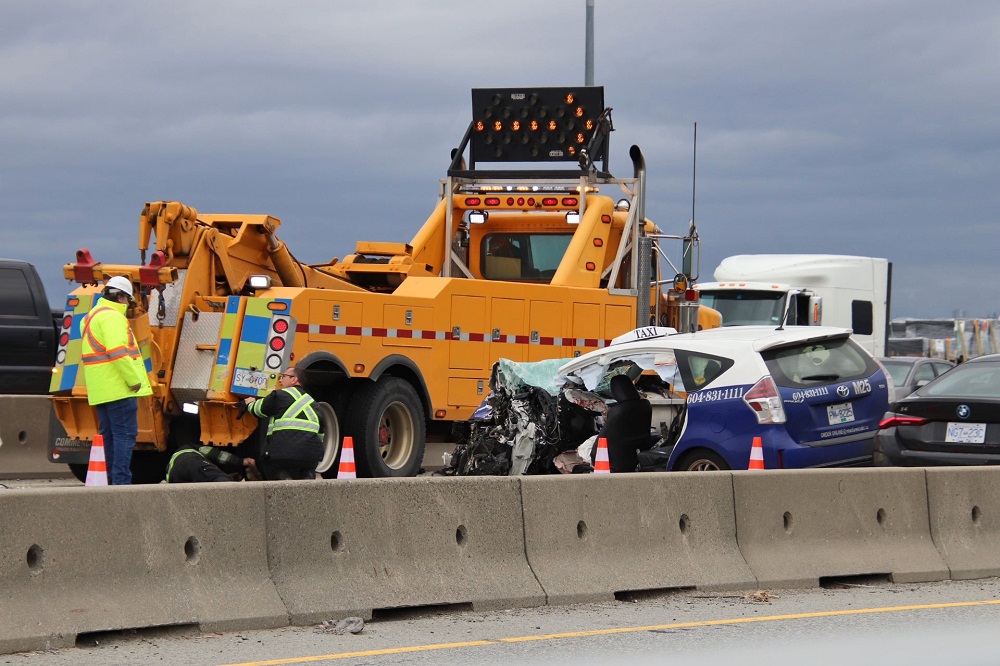 A collision on the Port Mann Bridge is seen