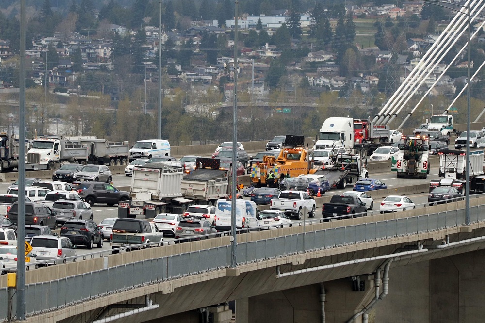 A collision on the Port Mann Bridge is seen