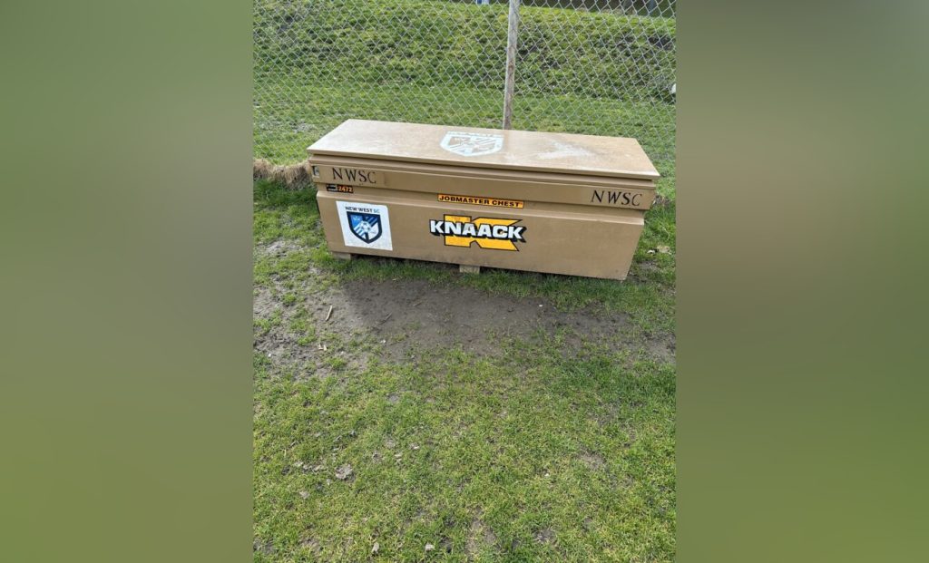 The New West Soccer team lost four of these storage boxes to theft in March 2024.