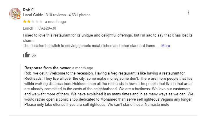 Heirloom restaurant review on Google. (Courtesy Google)