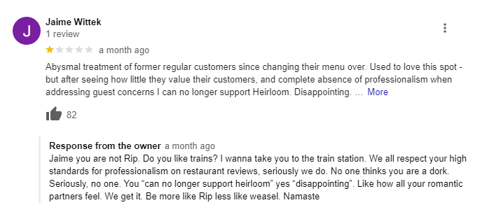 Heirloom restaurant review on Google. (Courtesy Google)