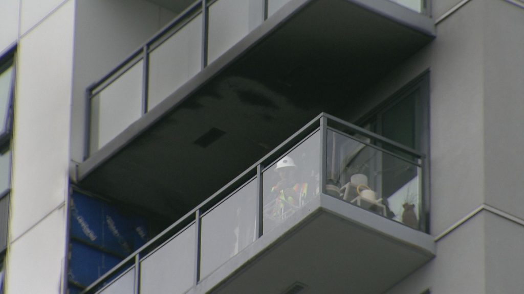 Fire damage is seen on a balcony at UBC.