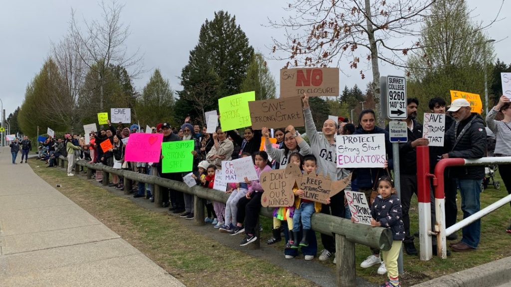 Hundreds gathered outside of the Surrey School District building Wednesday evening, hoping keep the StrongStart program operating in the city.