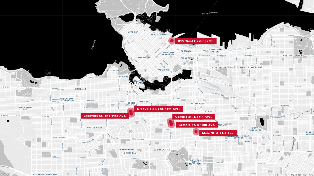 A map of Vancouver showing the public plazas where drinking alcohol is permitted as part of the Drinking in Public Plaza Program