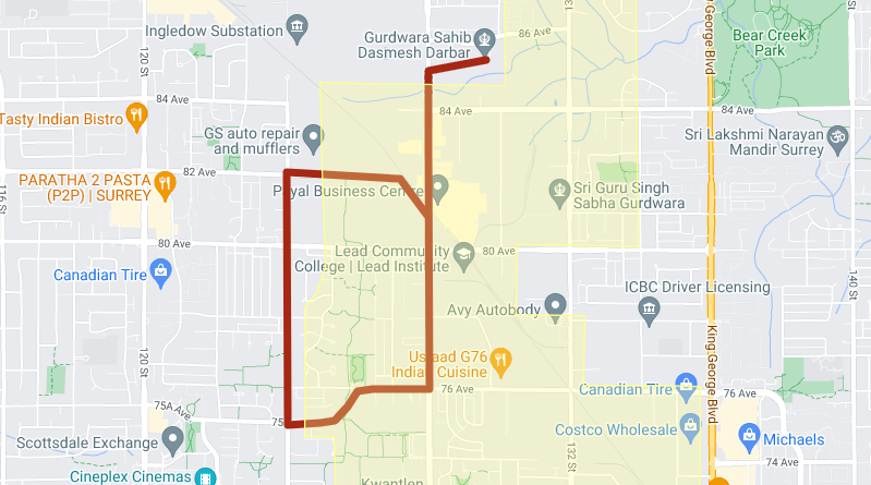 The Surrey 2024 Vaisakhi parade route.