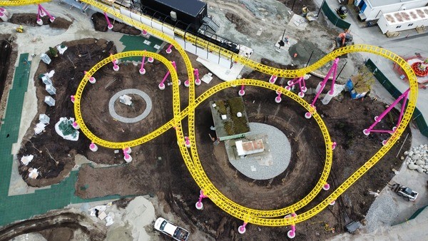 The PNE/Playland's newest rollercoaster, the ThunderVolt, pictured from above during construction on April 12, 2024.