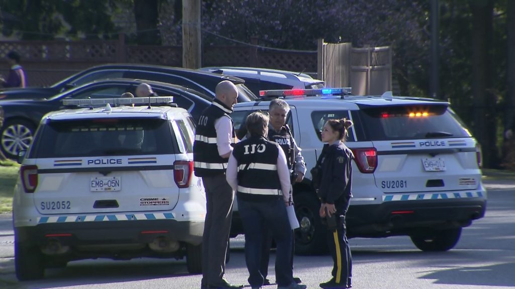 Police and members of the IIO in Surrey on March 29, 2019, after a hostage situation. Both the hostage-taker and his hostage were shot and killed by police