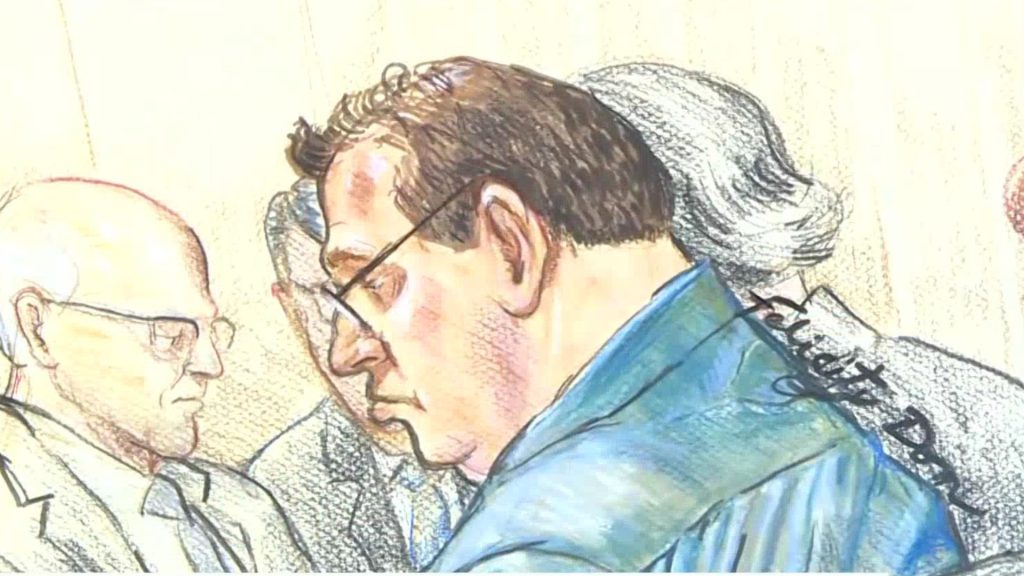 Allan Schoenborn is shown in this sketch attending a British Columbia Review Board in Coquitlam, B.C.