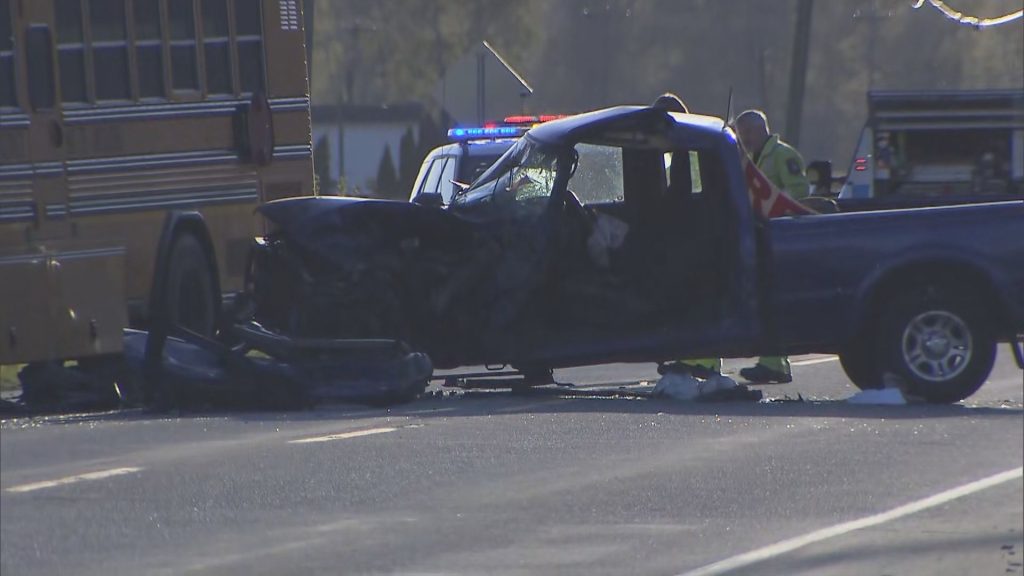 A head-on crash between a school bus and pick-up truck near Mission on April 17, 2024, sent two people to the hospital, according to BC EHS. The collision shut part of Highway 7.