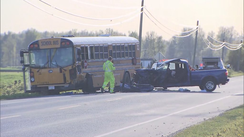 A head-on crash between a school bus and pick-up truck near Mission on April 17, 2024, sent two people to the hospital, according to BC EHS. The collision shut part of Highway 7.
