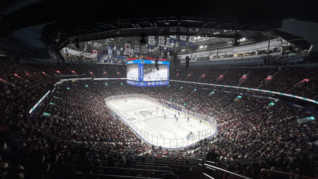 The interior of Rogers Arena in Vancouver during a Canucks game from the upper bowl