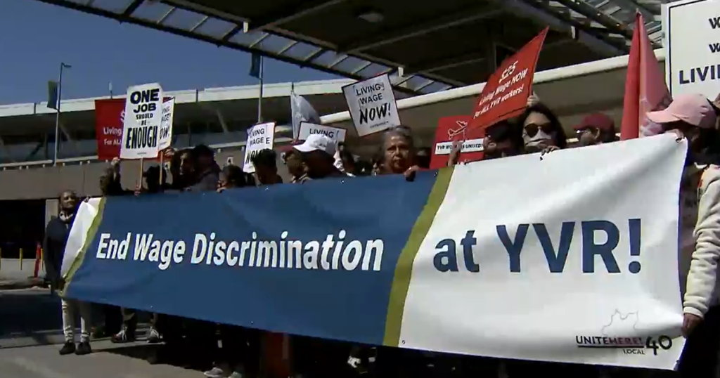 Food service workers rally for better pay at YVR