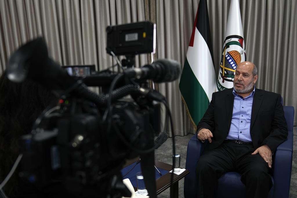 Khalil al-Hayya, a high-ranking official with the Palestinian militant group, who has represented it in negotiations for a ceasefire and hostage exchange deal, speaks during an interview for The Associated Press, in Istanbul, Turkey, Wednesday, April 24, 2024