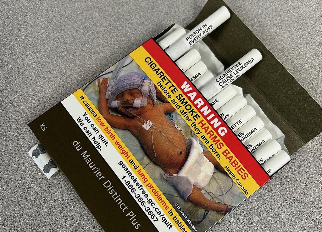 Canada has become the first country to sell cigarettes with health warnings printed directly on them to help people butt out or think twice about starting to smoke. A pack of cigarettes bearing exterior warning label and warnings on the filter tips of each individual cigarette is seen in Vancouver, B.C., Friday, April 26, 2024.