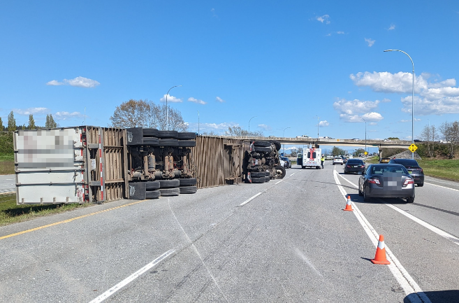 Highway 99 SB slow in Delta due to flipped semi