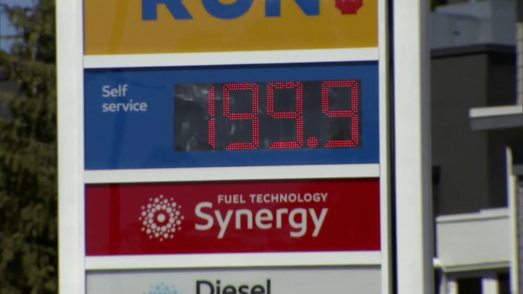 A gas price of 199.9¢ per litre is seen in Vancouver on Monday April 22, 2024.