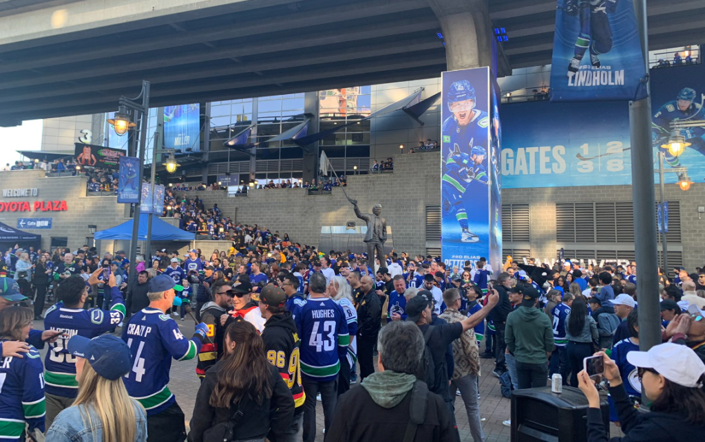 Vancouver Canucks fans outside of Rogers Arena on April 21, 2024, for Game 1 of the first round of the Stanley Cup Playoffs against the Nashville Predator
