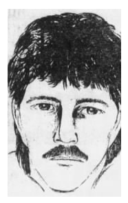 A police sketch of a suspect in the death of Kimberly Gallup. The man was wearing a distinctive, dark-coloured ski jacket with neon pink diamonds and green on the shoulders.