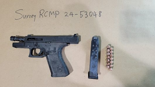 The Surrey RCMP says a man is facing several charges after a suspect was arrested and a gun, pictured here, was found on him.