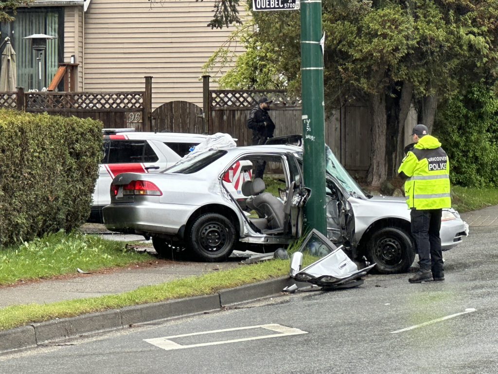 The scene of a collision in Vancouver near E 41st Ave & Quebec St on Thursday April 25, 2024.