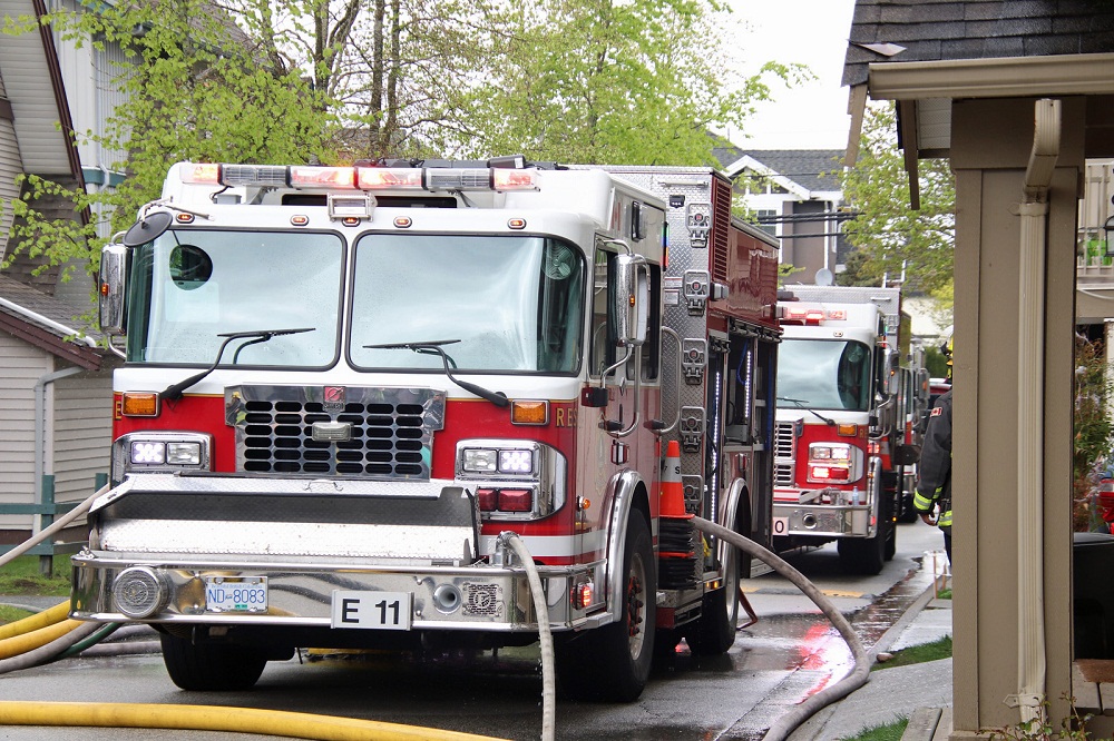 Police and fire crews were called out to a blaze at a Newton townhouse complex in the area of 127 Street and 66 Avenue around 12:30 p.m. on April 26, 2024.