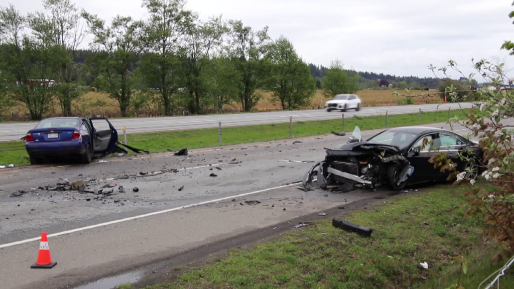 A serious crash on Highway 99 at the Highway 91 junction is seen.