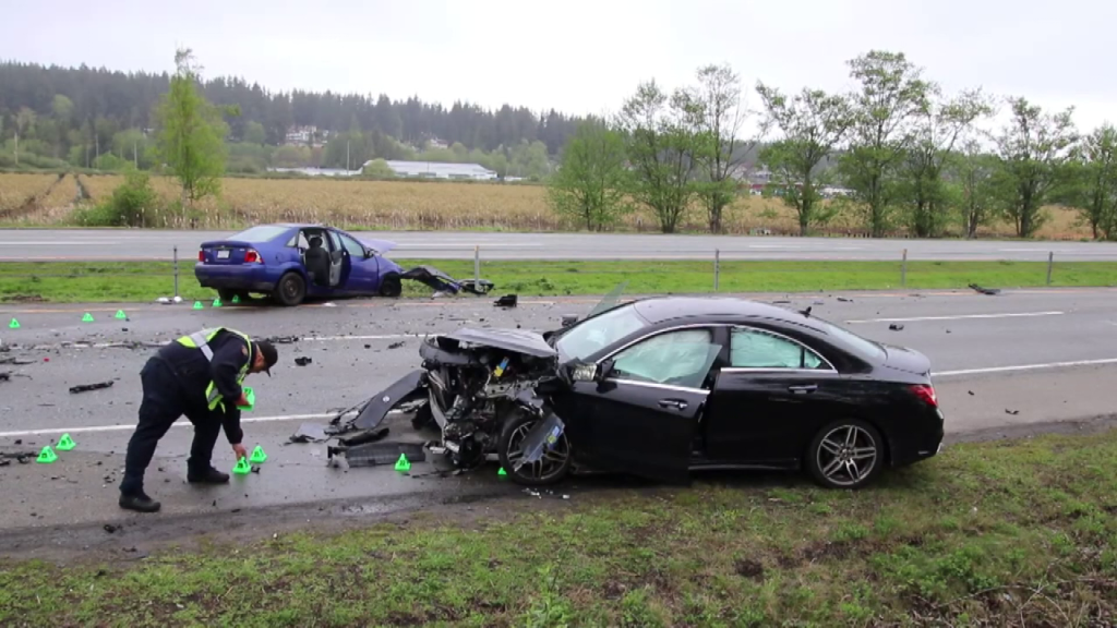 A serious crash on Highway 99 at the Highway 91 junction is seen.