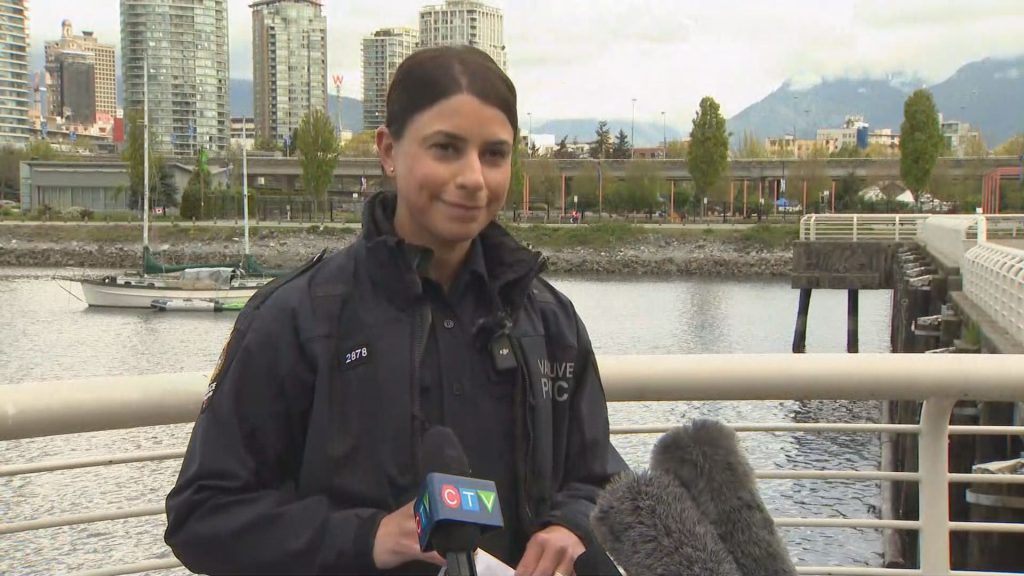 Const. Tania Visintin speaks to media in Vancouver on Tuesday April 30, 2024.