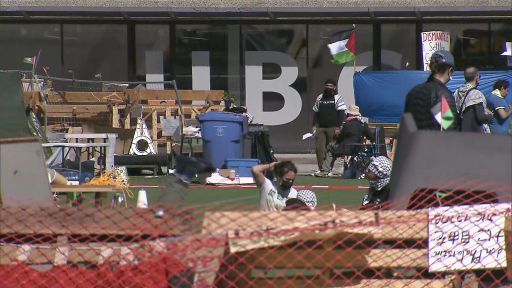 A pro-Palestinian encampment at the University of British Columbia campus on Friday May 3, 2024.