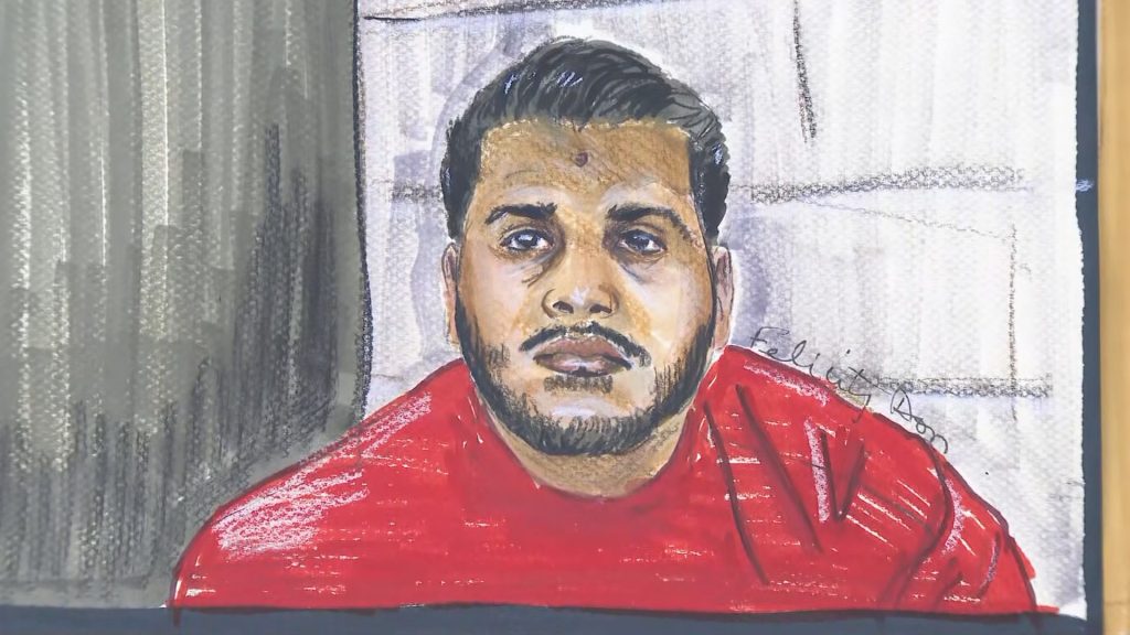 Court sketch of Kamalpreet Singh appearing via video-link in Surrey Provincial Court