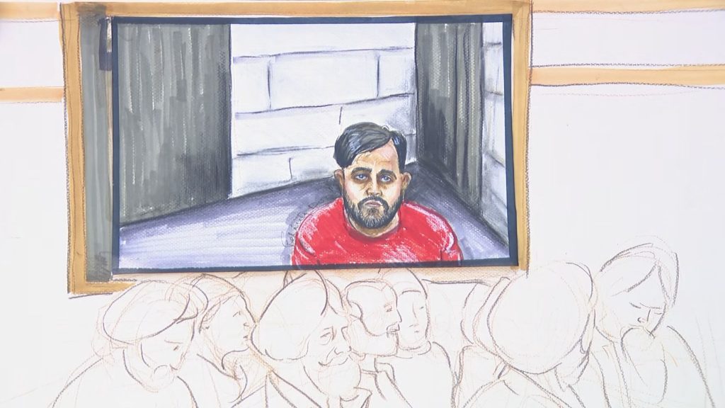 Court sketch of Karan Brar appearing via video-link in Surrey Provincial Court