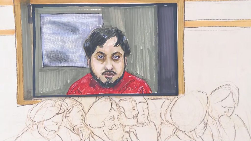 Court sketch of Karanpreet Singh appearing via video-link in Surrey Provincial Court