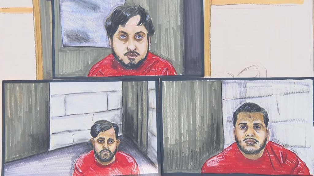 Court sketches of the three men accused in the killing of prominent Sikh leader Hardeep Singh Nijjar. Bottom left: Karan Brar, bottom right: Kamalpreet Singh, top: Karanpreet Singh.