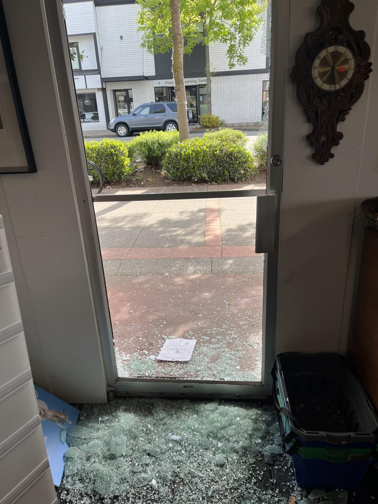 Smashed glass at the Regional Animal Protection Society (RAPS) Community Thrift Store in Surrey. The organization says its Cloverdale location was broken into, with thousands of dollars worth of equipment and goods stolen.