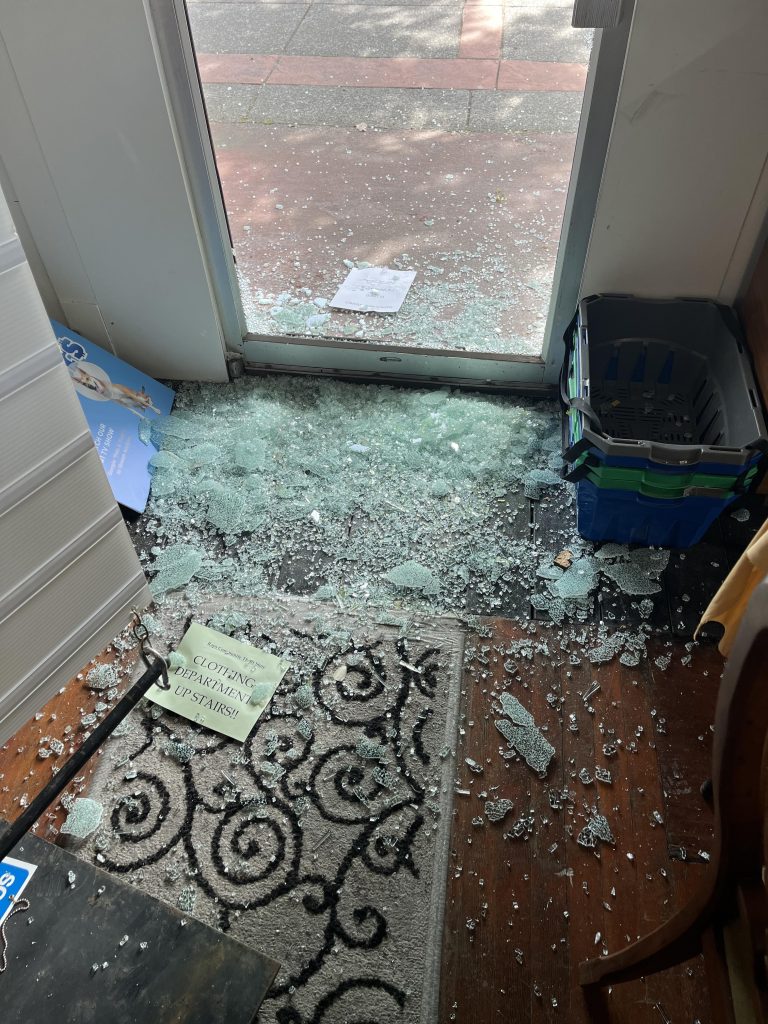 Smashed glass at the Regional Animal Protection Society (RAPS) Community Thrift Store in Surrey. The organization says its Cloverdale location was broken into, with thousands of dollars worth of equipment and goods stolen.