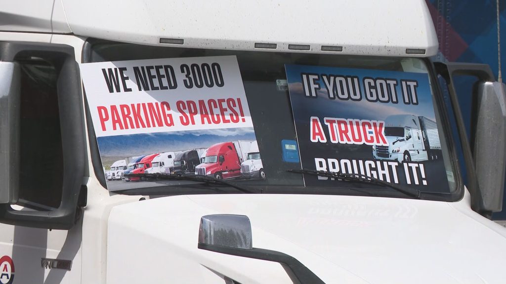 Truckers gathered in Surrey, B.C. on Wednesday May 15, 2024.