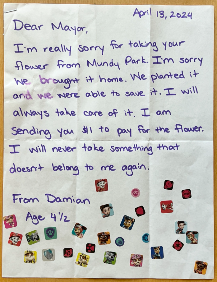 Four-year-old Damian's letter of apology to Coquitlam Mayor Richard Stewart, after the child picked a flower from Mundy Park