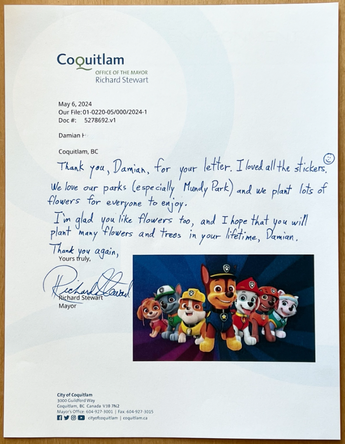 Coquitlam Mayor Richard Stewart's response to four-year-old Damian's letter of apology, after the child picked a flower from Mundy Park.