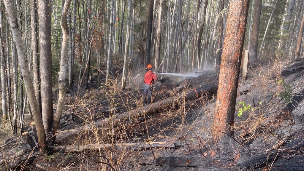 A firefighter works on the Parker Lake wildfire near Fort Nelson on May 20, 2024.