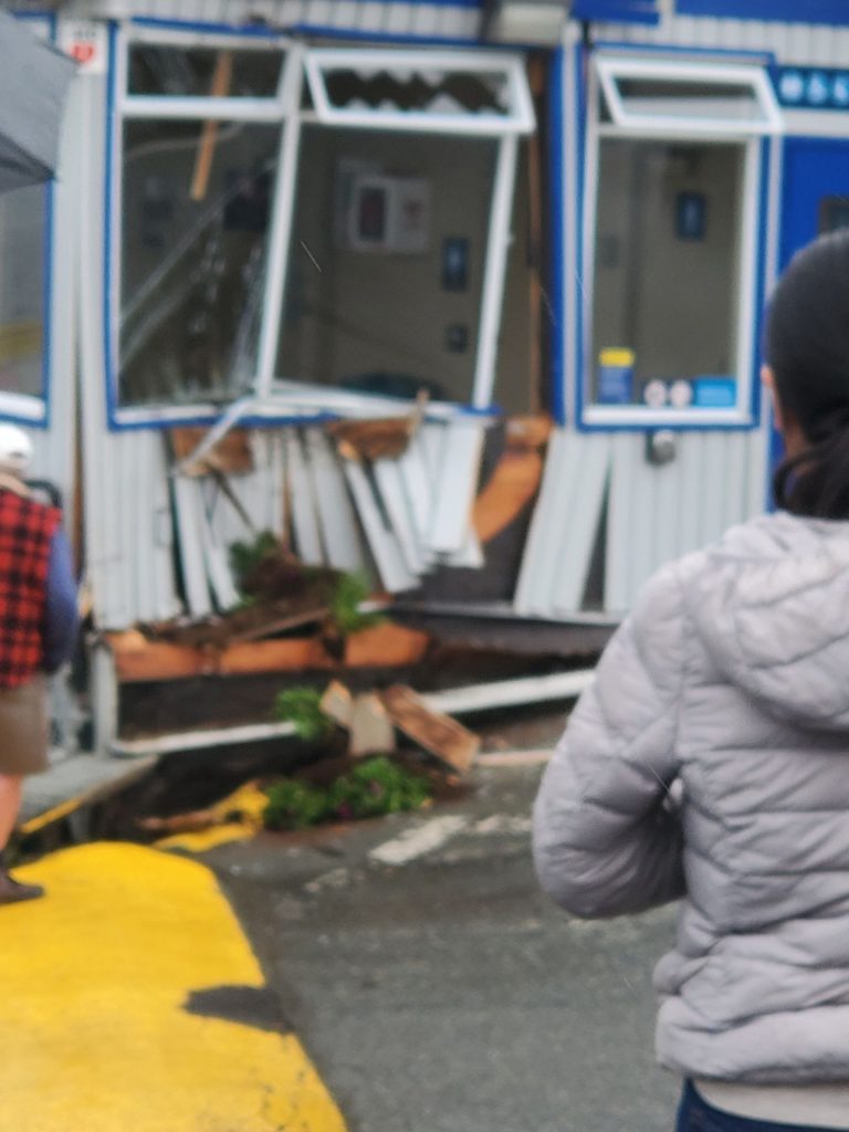 The smashed wall of the Chemainus ferry terminal