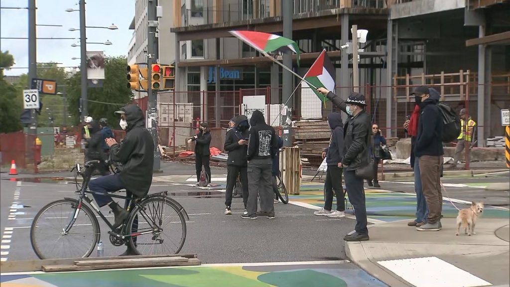 Protesters occupy an intersection at the University of British Columbia