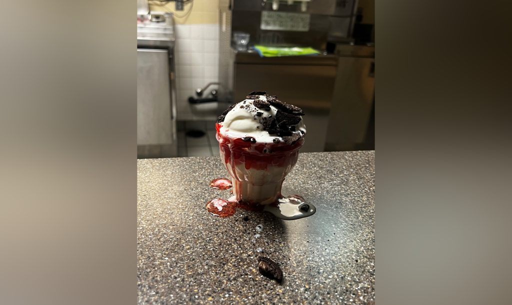 Kelowna RCMP says, then officers arrived, they witnessed the break-and-enter suspect making a chocolate sundae behind the counter.