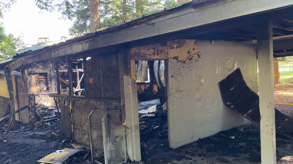 A fire on May 17, 2024, near Dennison Park in Delta destroyed a building, pictured here, that was used to store athletic gear and equipment, police say. They have now deemed the fire suspicious.