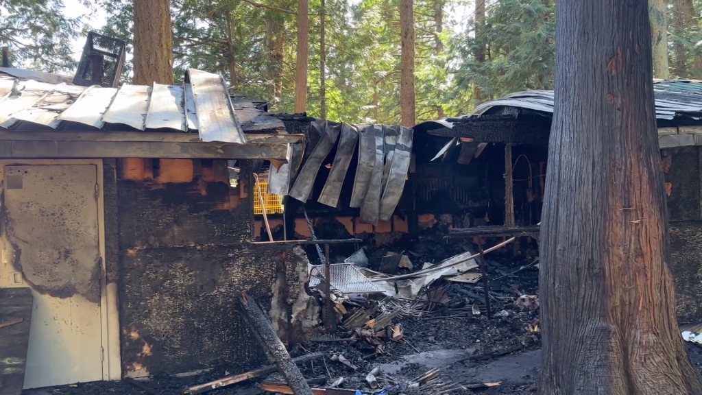 A fire on May 17, 2024, near Dennison Park in Delta destroyed a building, pictured here, that was used to store athletic gear and equipment, police say. They have now deemed the fire suspicious.