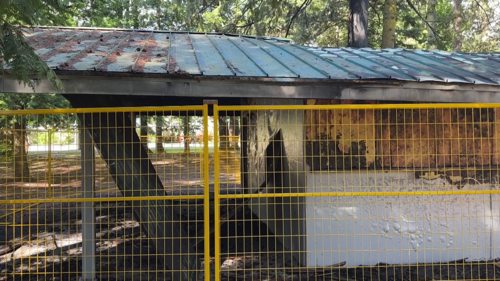 A fire on May 17, 2024, near Dennison Park in Delta destroyed a building, pictured here, that was used to store athletic gear and equipment, police say. They have now deemed the fire suspicious.