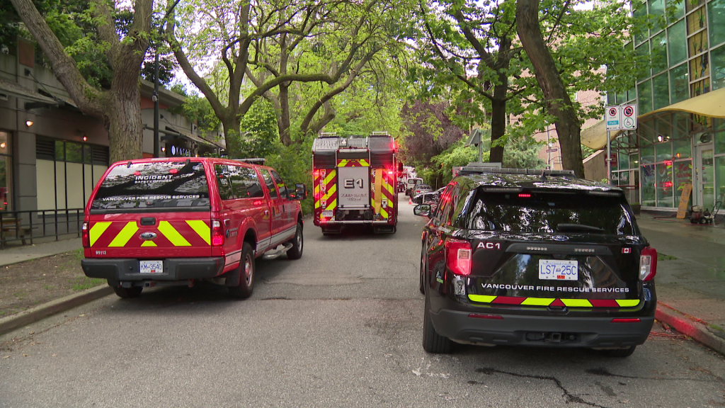 A Vancouver fire truck at a West End apartment complex after flames erupted from a suite on June 5, 2024.