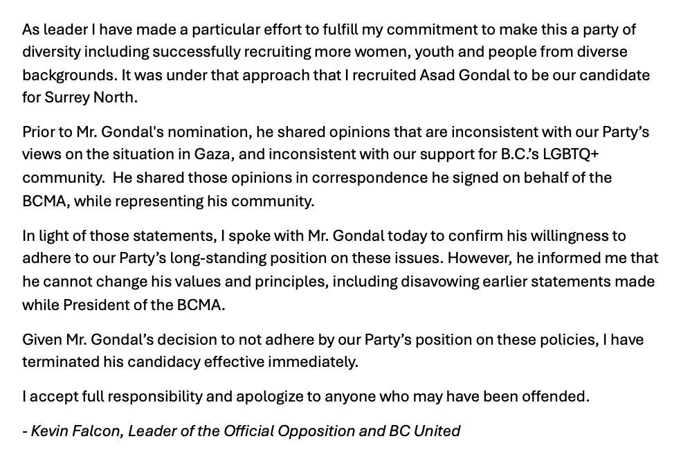 A written statement by BC United Leader Kevin Falcon.