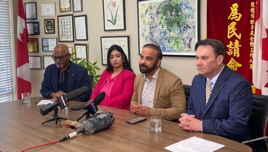 (Left to Right) Jai Birdi, Jyotika Jasuja, Manoj Bhangu, Don Davies at the press conference to introduce motion M-128 to recognize and prohibit caste-based discrimination in Canada.